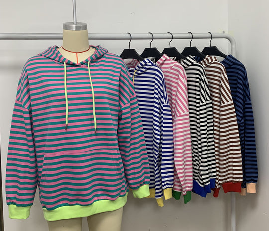 Damen gestreifter Kapuzenpullover mit stylischer Kängurutasche R&B