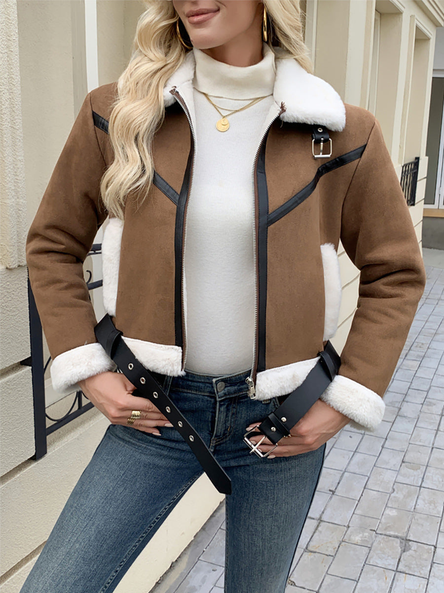 Damen Stylische Jacke mit Kunstfellbesatz und dekorativen Schnallen R&B