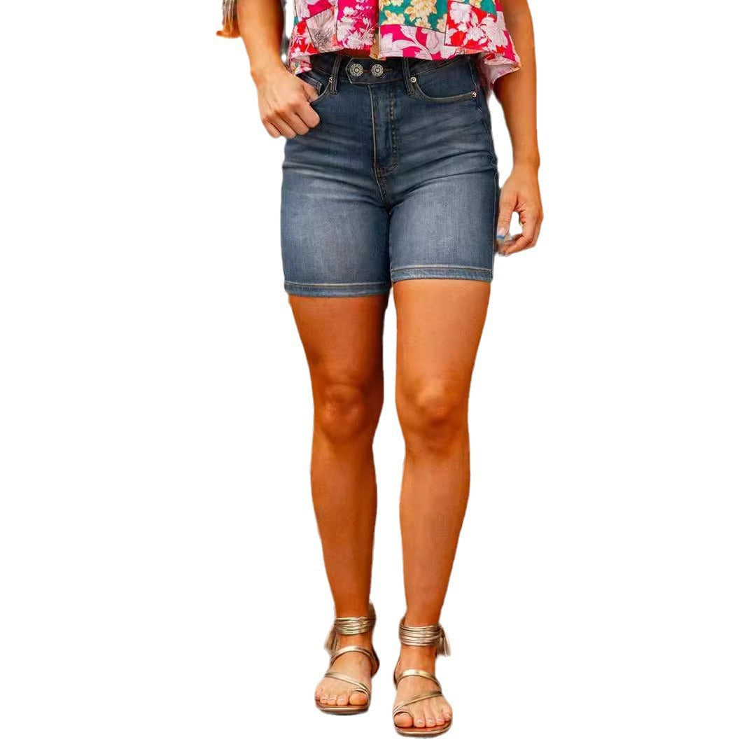 Damen Jeansshorts mit modischen Knöpfen und hohem Bund R&B