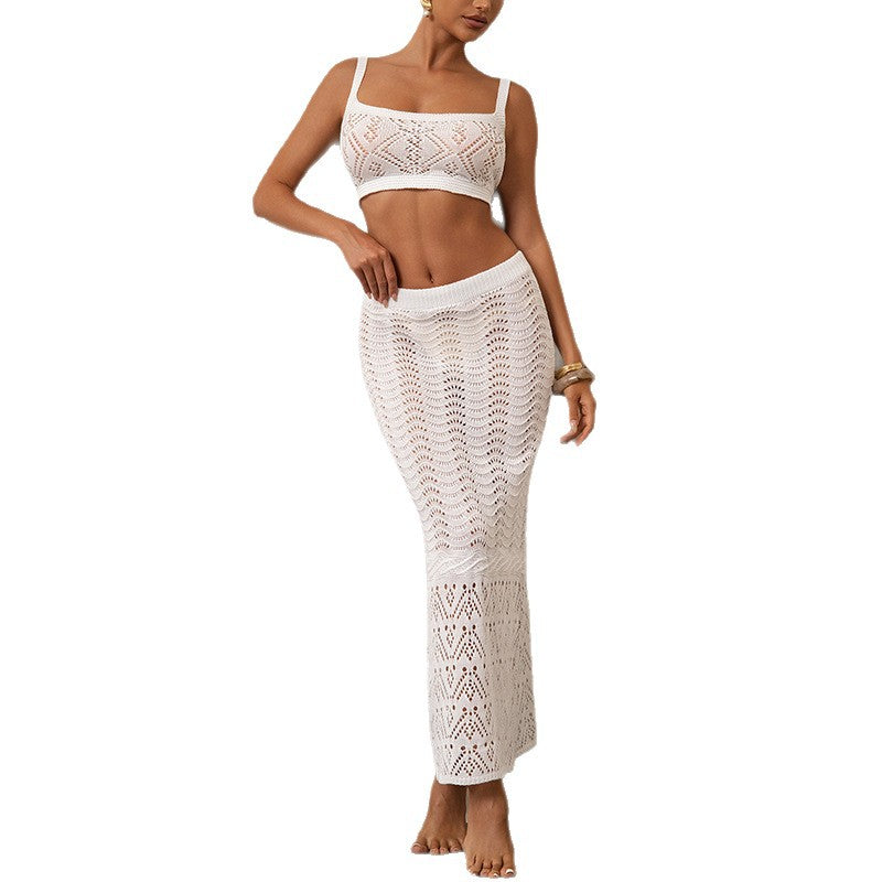 Damen Häkel-Bikini Set mit figurbetontem Oberteil und elastischem Rock R&B