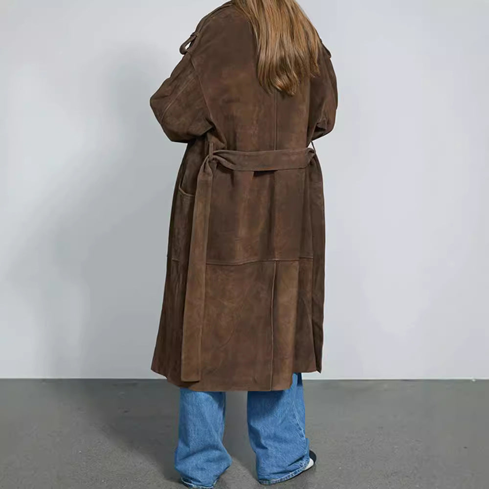 Damen Eleganter Suede-Trenchcoat mit großzügigem Schnitt R&B