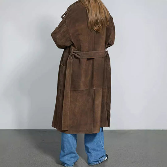 Damen Eleganter Suede-Trenchcoat mit großzügigem Schnitt R&B