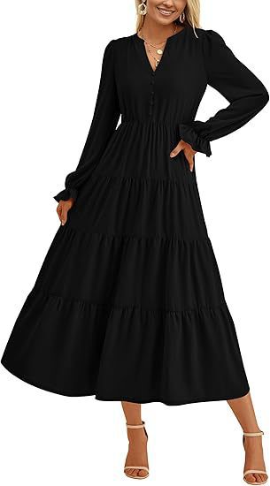 Damen Maxikleid mit knopfverzierter Front und voluminösen Ärmeln R&B