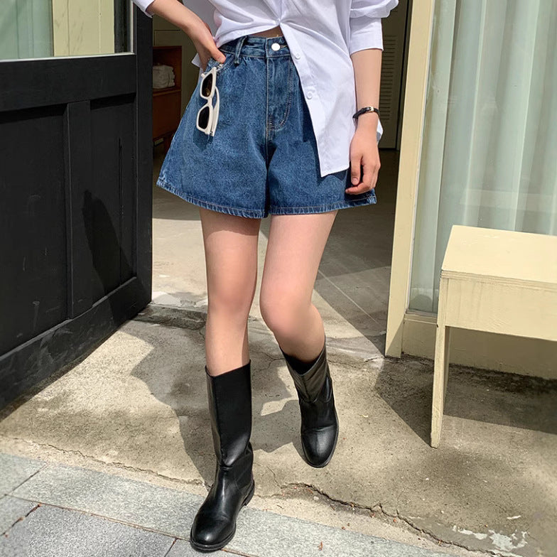 Damen Freizeit Jeans-Shorts mit hohem Bund und elastischem Gürtel R&B