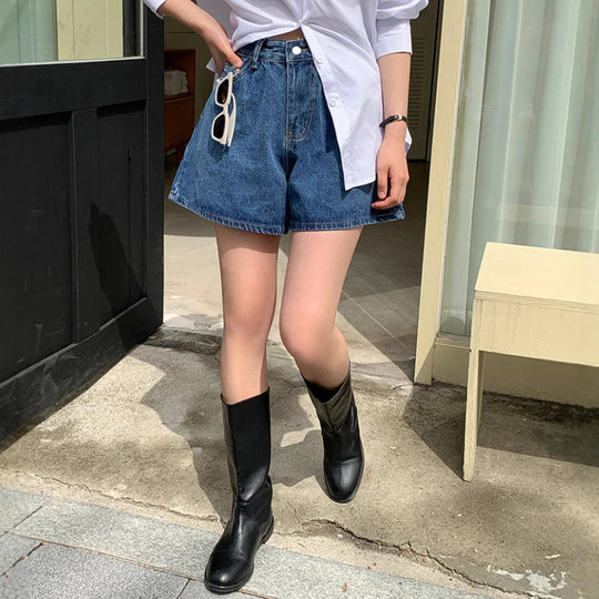 Damen Freizeit Jeans-Shorts mit hohem Bund und elastischem Gürtel R&B