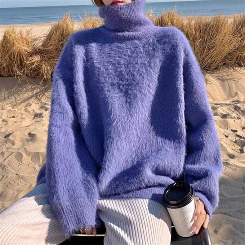 Damen Flauschiger Pullover mit Lockere Passform und Hohem Kragen R&B