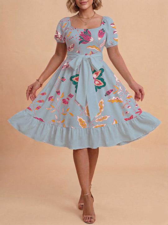 Damen modernes Blumenkleid mit elegantem Taillengürtel und asymmetrischem Saum R&B