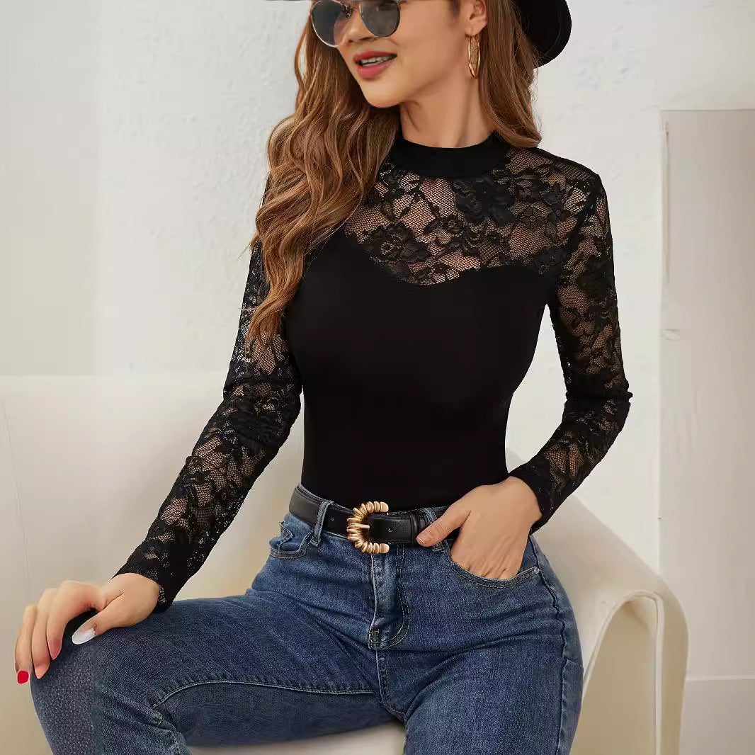 Damen Elegantes Longsleeve-Oberteil mit romantischer Spitze R&B