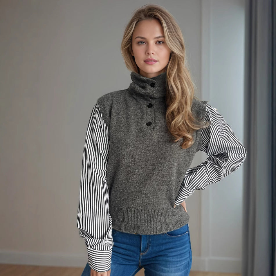 Damen Strickpullover mit modernem Kragen und eleganten gestreiften Ärmeln R&B