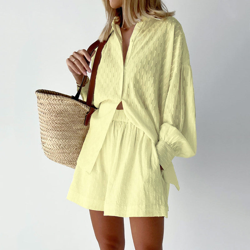 Damen lässiges Hemd-Shorts-Set mit elegantem Webmuster R&B