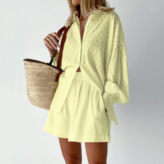 Damen lässiges Hemd-Shorts-Set mit elegantem Webmuster R&B