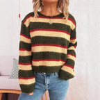 Damen gemusterter Strickpullover mit breiten Streifen und lässigem Schnitt R&B