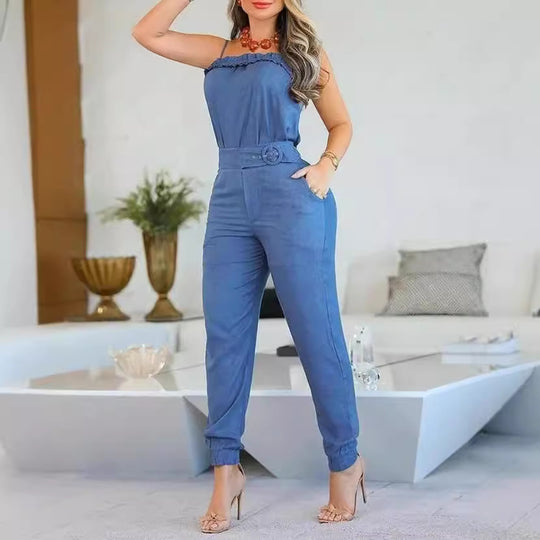 Damen lässiger Jumpsuit mit Rüschendetails und verstellbarem Taillengürtel R&B
