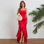 Damen elegantes Maxikleid mit seitlichem Schlitz und fließendem Rüschensaum R&B