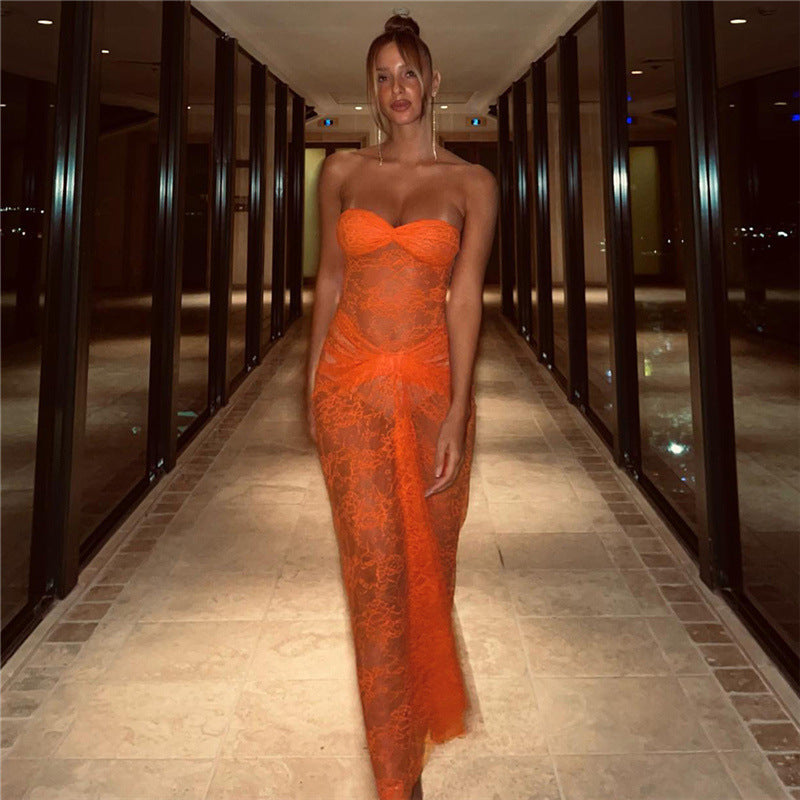 Damen Spitzen-Maxikleid mit herzförmigem Ausschnitt und raffinierten Details R&B