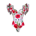 Damen Badeanzug mit Rüschendetails und floralem Überrock R&B