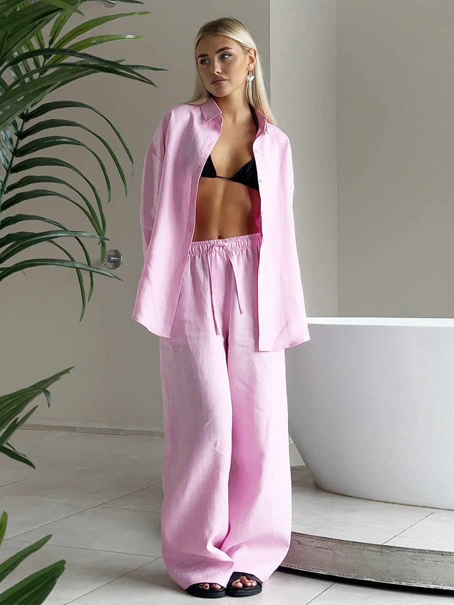 Damen Lässiges Leinen-Set mit weit geschnittenem Oberteil und Hose