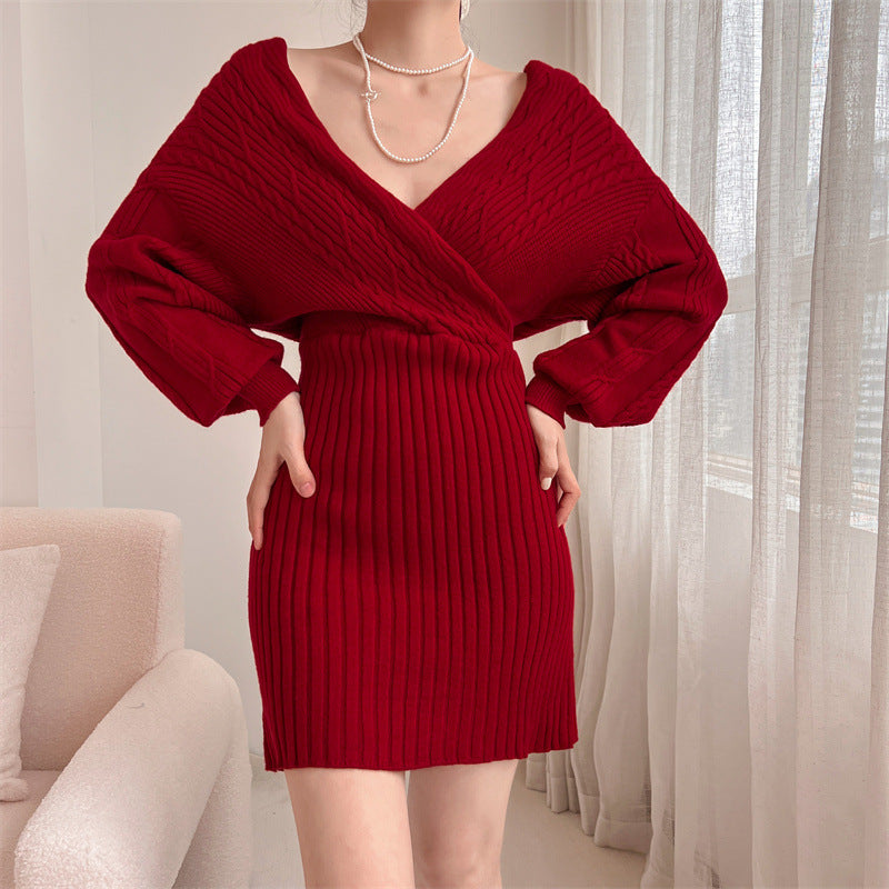 Damen Elegantes Strickkleid mit V-Ausschnitt und besonderem Rippenmuster R&B