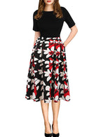 Damen Midikleid mit floralem Muster und gestreiften Akzenten
