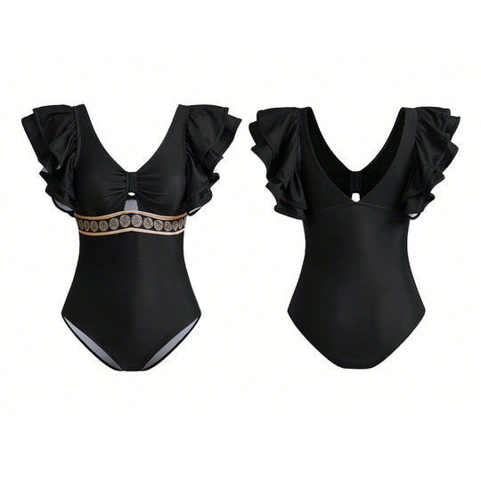 Damen Badeanzug mit eleganten Rüschendetails und passendem Saumrock R&B