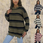 Damen Grob gestrickter Oversized Pullover mit Fransen und Querstreifen R&B