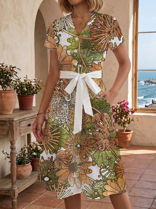 Damen Midikleid mit floralem Motiv und Taillengürtel R&B