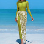 Damen langärmliger Badesuit mit floralem Wickelrock R&B