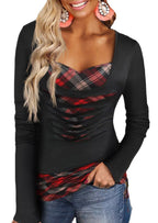 Damen modisches Longsleeve Top mit plissierten Details und Karomuster R&B