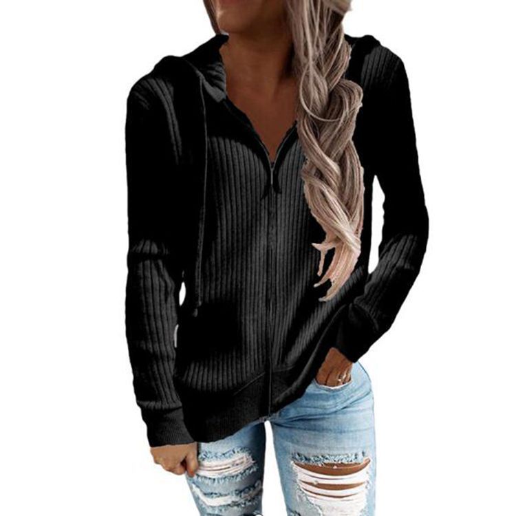 Damen nan gerippter Kapuzen-Zip-Hoodie mit halbem Reißverschluss und Kängurutaschen R&B