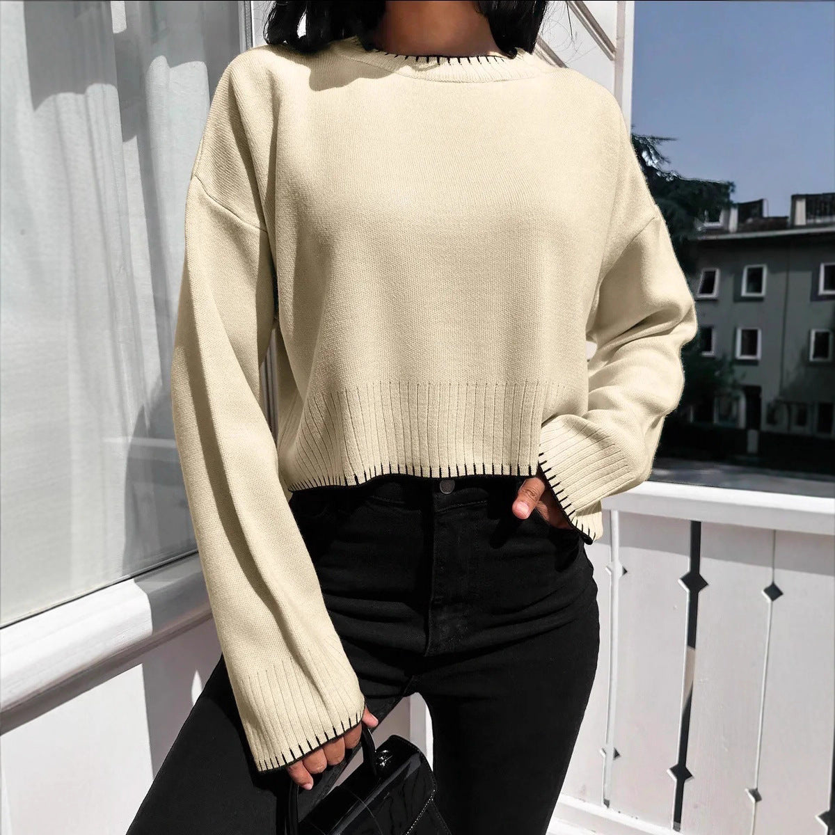 Damen Cropped Strickpullover mit feiner Rippenstruktur und lässigem Schnitt R&B