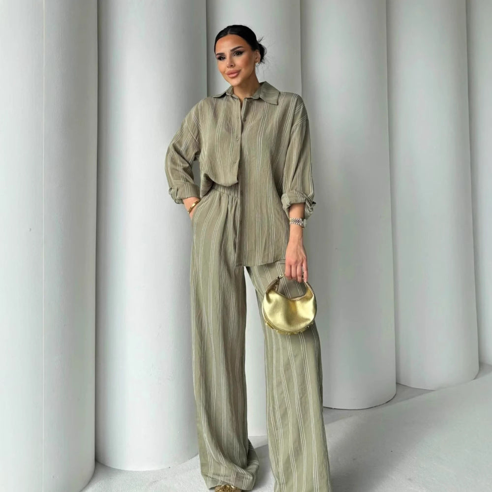 Damen gestreiftes Lounge-Set mit weiten Hosen und lockerer Bluse R&B