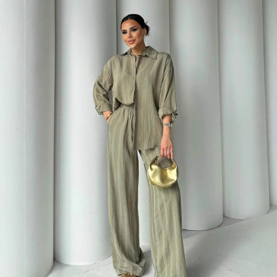 Damen gestreiftes Lounge-Set mit weiten Hosen und lockerer Bluse R&B