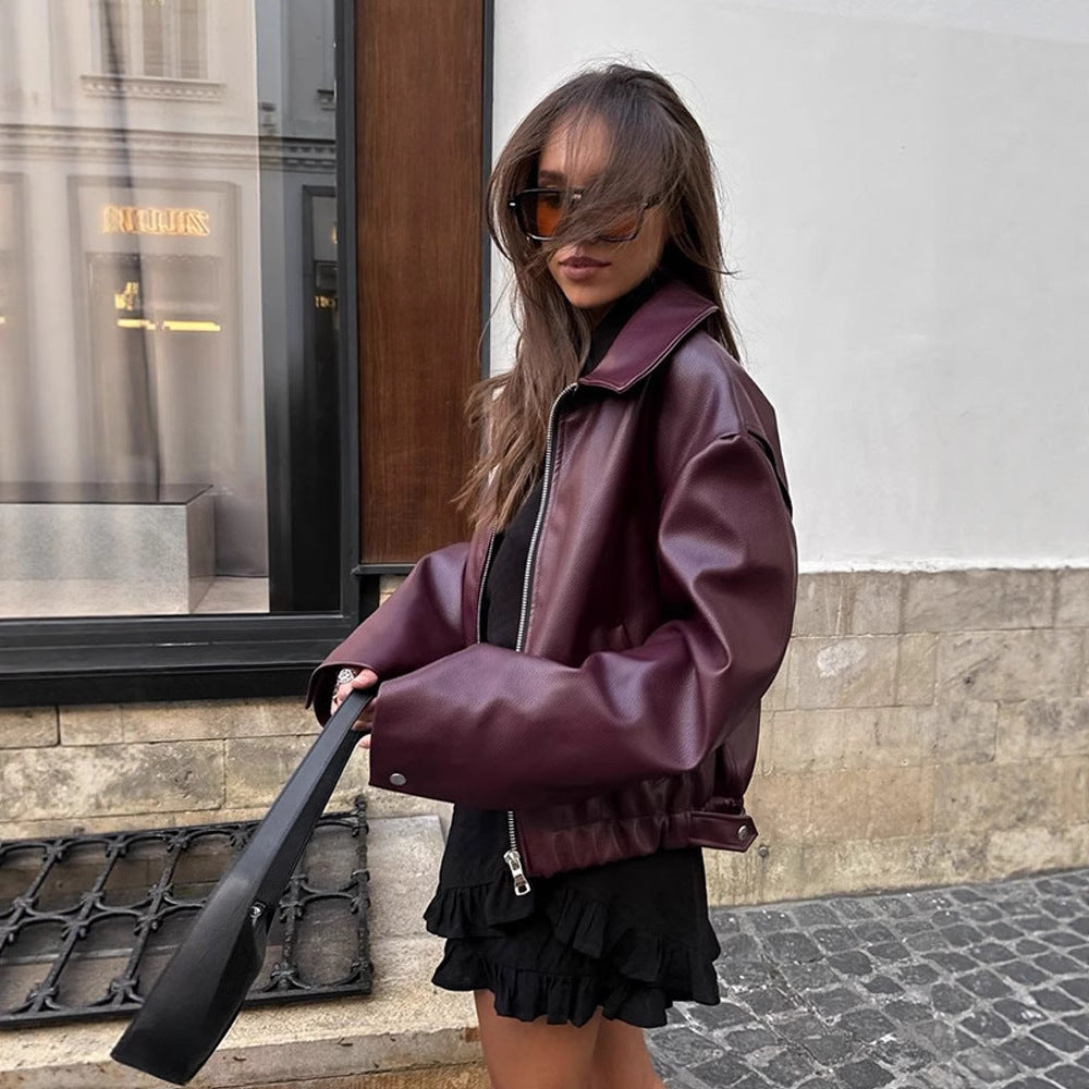 Damen Lässige Kunstlederjacke mit oversized Schnitt und praktischen Taschen R&B