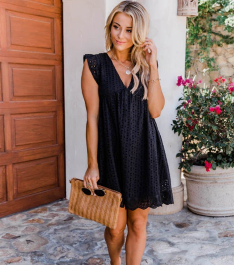 Damen nan Broderie-Anglaise Minikleid mit V-Ausschnitt Volantärmeln und Eingrifftaschen R&B