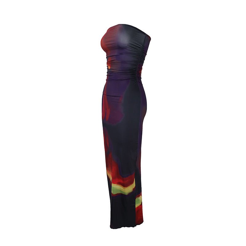 Damen elegantes, trägerloses Maxikleid mit raffiniertem Mustermix R&B
