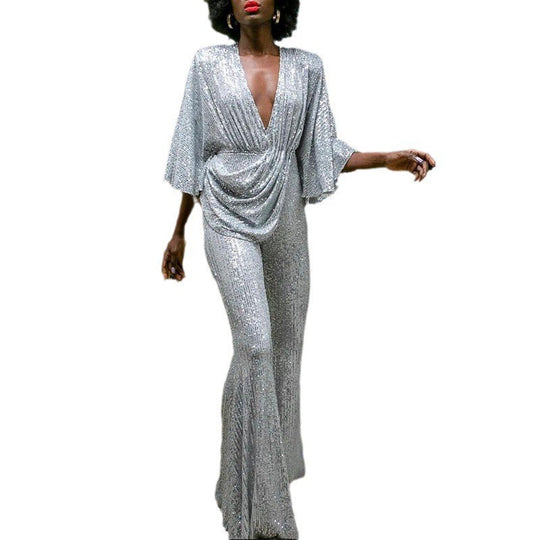 Damen Glamouröser Jumpsuit mit funkelnden Pailletten und weitem Bein R&B