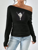Damen Off-Shoulder Langarmshirt mit Raffung R&B
