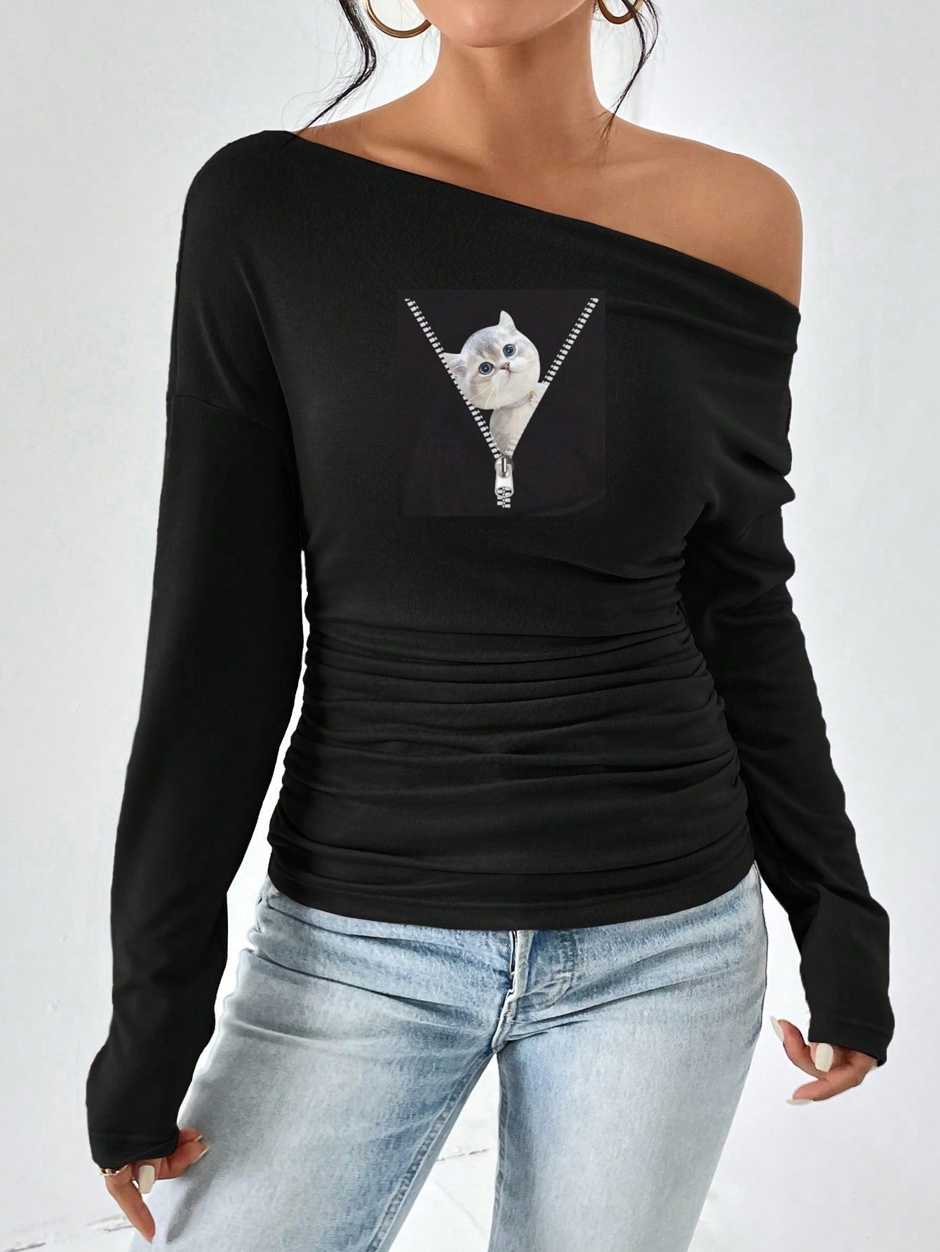 Damen Off-Shoulder Langarmshirt mit Raffung R&B
