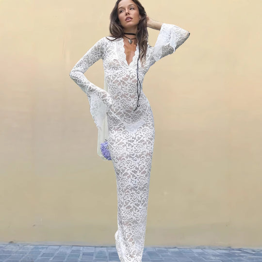 Damen Elegantes Spitzenkleid mit tiefem V-Ausschnitt und extravaganten Ärmeln R&B
