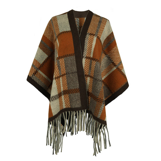 Damen eleganter Poncho mit modernem Karomuster und Fransen R&B