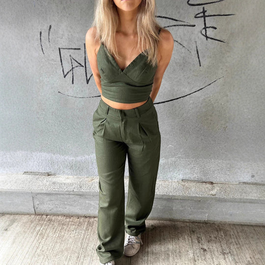Damen lässiges Zweiteiler-Set mit cropped Oberteil und weiten Hosen R&B
