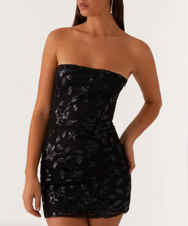 Damen Elegantes Bandeau-Minikleid mit floralem Pailletten-Design R&B