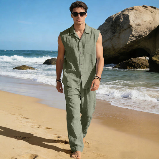 Herren nan ärmelloses Leinen-Freizeit-Set mit Reverskragen Brusttasche und gerader Hose R&B