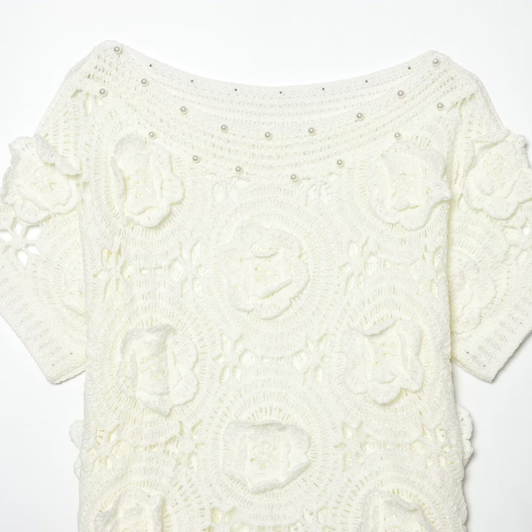 Damen Spitze T-Shirt mit luxuriöser Blumenstickerei und dekorativen Perlen R&B