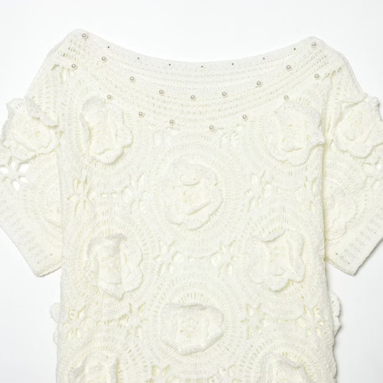 Damen Spitze T-Shirt mit luxuriöser Blumenstickerei und dekorativen Perlen R&B