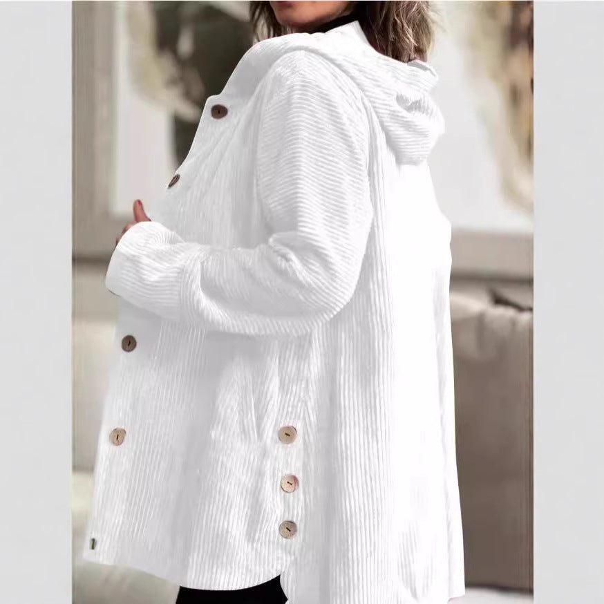 Damen Wohlfühljacke aus Cord mit Kapuze und großen Knöpfen