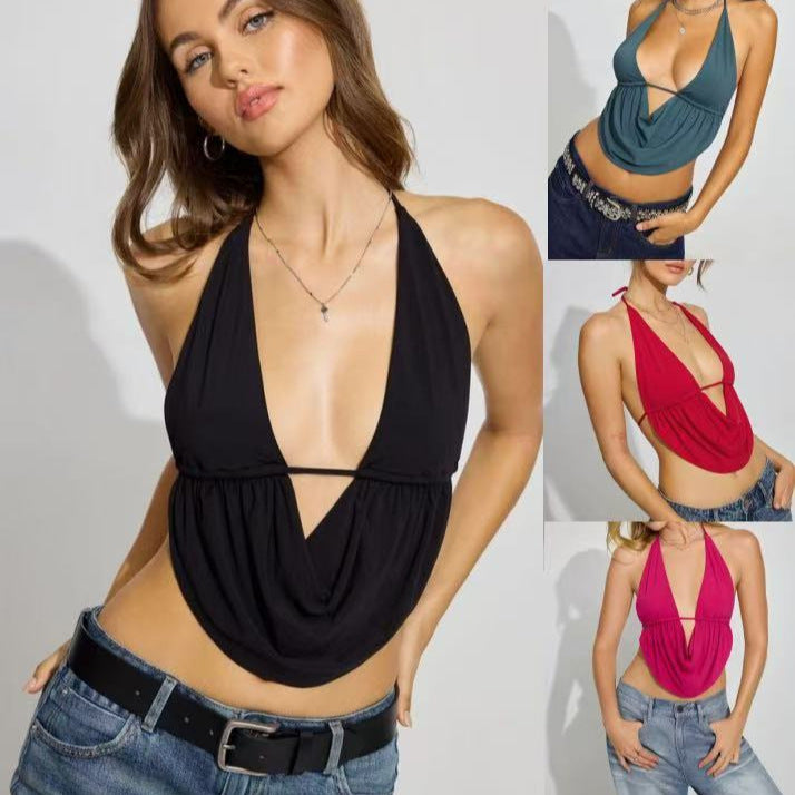 Damen lässiges Halter-Top mit tiefem V-Ausschnitt und asymmetrischer Drapierung R&B
