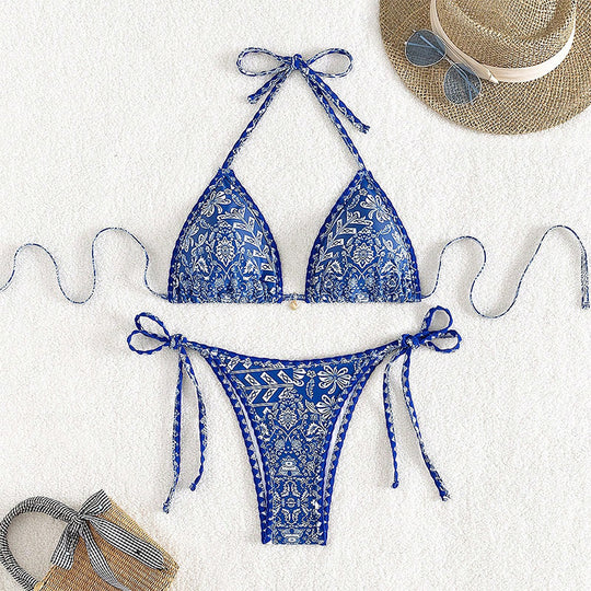 Damen Triangel-Bikini mit verspieltem Muster und eleganten Bindebändern R&B