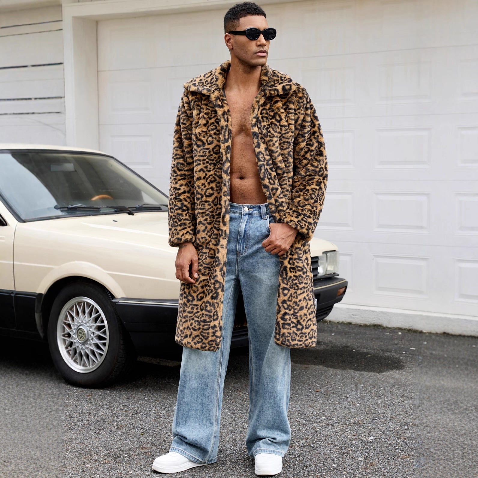 Herren Luxus Kunstpelzmantel mit Leopardenmuster R&B