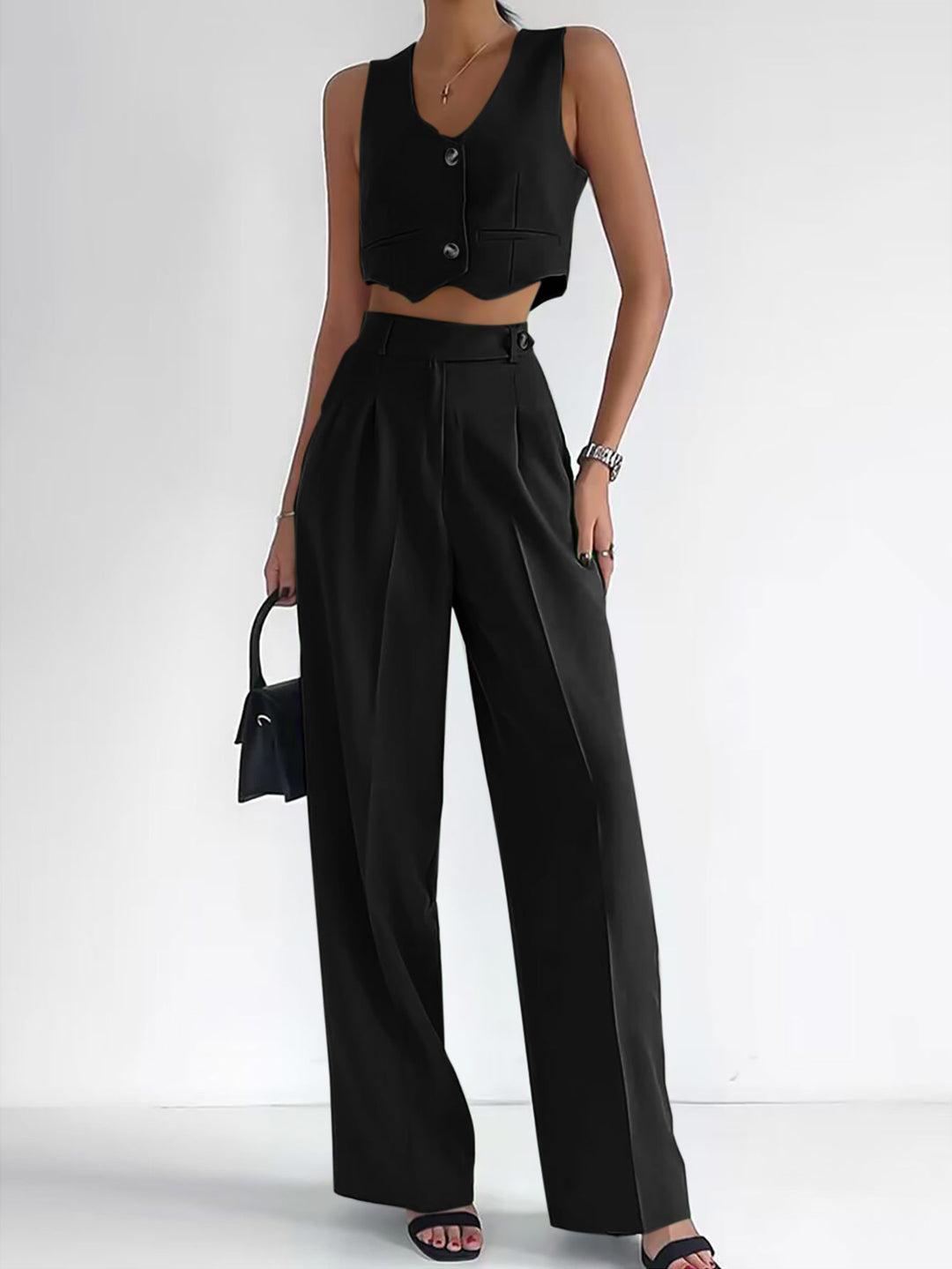 Damen trendy Zweiteiler-Anzug mit wadenlangem Hose und modernem Cropped-Top R&B